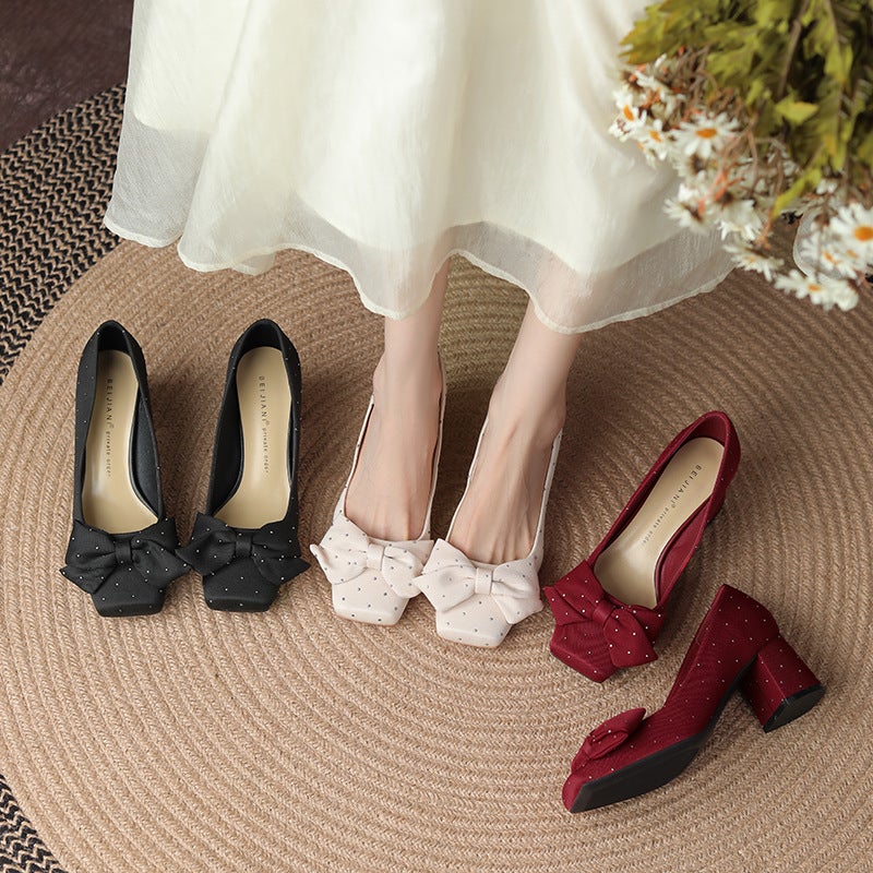 Giày Cao Gót Diamond Bow Square Toe High Heels Burgundy - Image 3
